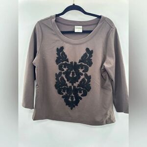Bedford Fair Brown/Black Large Damask Texture Print Top Size M